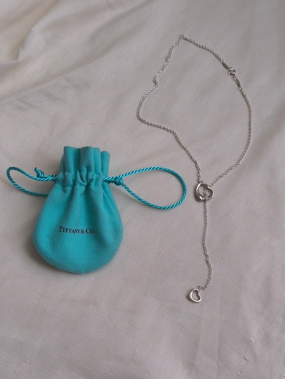 Tiffany & Co. Silver Lariat Necklace with Open Heart Accents - Blue Pouch